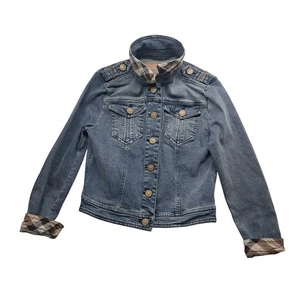 Burberry Brit Denim Jean Jacket Women's US 2 Blue Button Front Nova Check Cuff - Picture 1 of 14