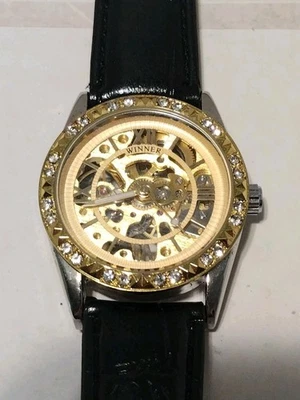 Men's Winner Wind Up  Watch. Gold Tone And Faux Diamond Bezel. See Through Back. - Image 1 of 4