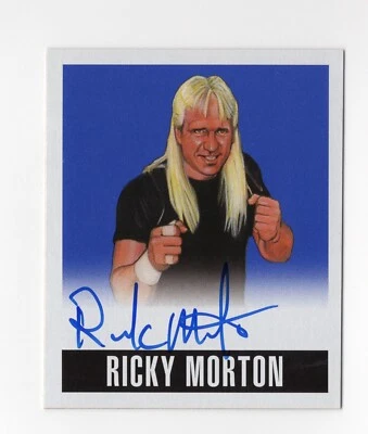 Tarjeta autógrafa de lucha libre Ricky Morton 2014 Leaf Originals automática NWA WWE azul/25 Foto 1 de 2