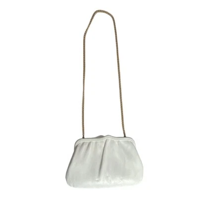 Vintage Anos 60 Feminino Sem Marca Correia Corrente de Couro Branco Dobradiça Clutch Noturno P - Imagem 1 de 4