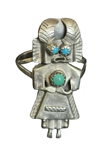 Antique Kachina Ring Turquoise Sterling Silver Southwest Tribal Navajo Size 7.5 - Picture 1 of 11