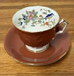 Taza de té/platillo Aynsley Pembroke terracota pájaro floral hueso dorado China ¡NUEVO DE STOCK! - Imagen 1 de 9
