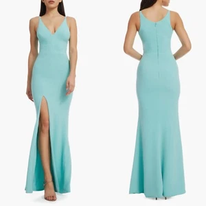 NEW DRESS THE POPULATION Tranquil Blue PLUNGE NECK Iris SLIT Crepe GOWN S - Picture 1 of 12