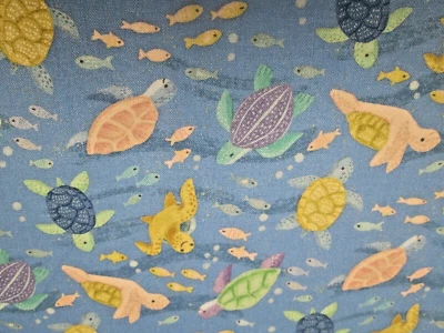 Sea Turtles and Fish on Blue Background - 1 YD - 36"Lx44"W - Cotton - VERY CUTE! - Image 1 of 4