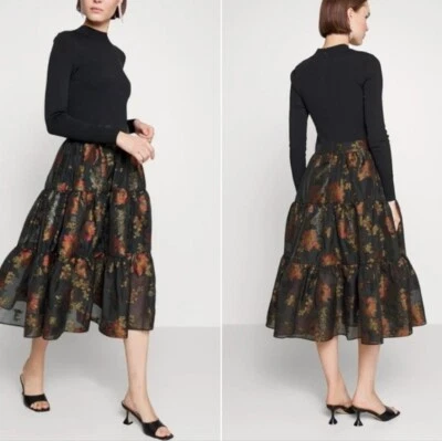 TED BAKER Audria Knit Top Floral Metallic Jacquard Organza Tiered Skirt Dress 3 - Image 1 of 4