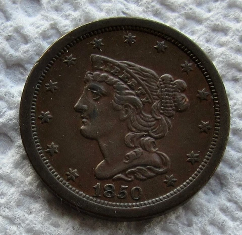 1850 1/2C BN Braided Hair Half Cent Rare Key Date Chocolate Brown XF / AU Cover