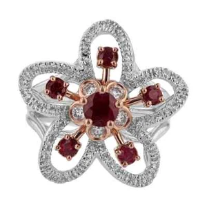 Flower Cluster Design With Dark Red Round Cut Rubies With White CZ Women Ring - Picture 1 of 5