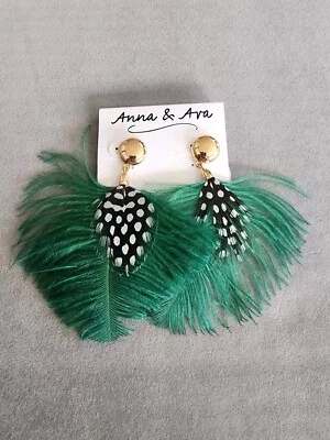 New! DILLARD'S ANNA & AVA Green & Black Feathers White Spots Earrings FREE $HIP! - Image 1 of 4