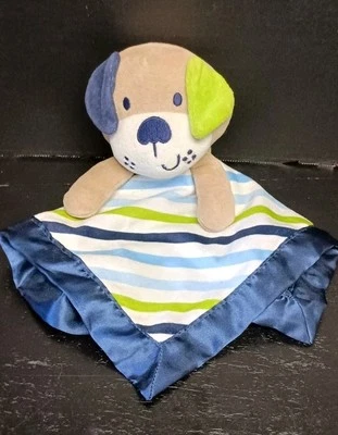 Garanimals Puppy Dog Lovey Security Blanket Blue Green Stripe &Satin Baby Plush  - Image 1 of 4