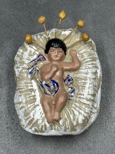 Vintage Folk Art Clay Pottery Baby Jesus Manger Bed Nativity Hand Painted Mexico - Picture 1 of 10
