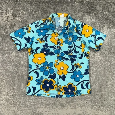 VTG JC Penney Hawaiian Shirt Mens Large Blue Floral Barkcloth 70s Dagger Collar - Image 1 of 4