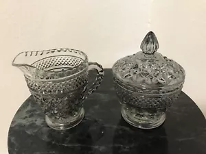 Vintage Smoked Pressed Glass Diamond Pattern Creamer and Sugar Pot with Lid - Picture 1 of 9