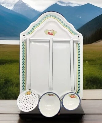 Antique 1930s French Enamelware Ladle Holder Utensil Wall Rack with 3 Spoons - Image 1 of 4