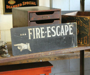 Antique Double Sided Hand Painted Fire Escape Sign Pointing Finger Manicle Tin