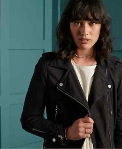 Chaqueta de cuero de gamuza negra para mujer Chaqueta de motociclista de cuero genuino de piel de cordero-136 - Imagen 1 de 7