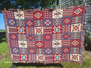 Coperta vintage Goodwin Weavers frangia lancio indiana azteca 69""x49,5"" 100% cotone - Foto 1 di 14