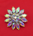Vintage Brooch Rhinestone Pin AB Clear Faceted Crystal 1.75 inch Flower 382c