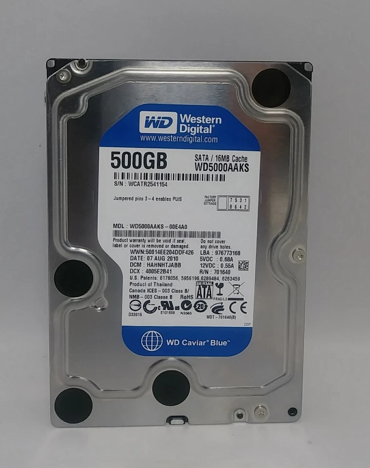 Western Digital WD Blue 500GB Internal 7200RPM 3.5" (WD5000AAKS) HDD - SATA - Image 1 of 4