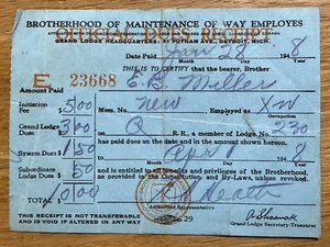 1948 Brotherhood of Maintenance of Way Employes Union Dues Receipt Railroad - Picture 1 of 2
