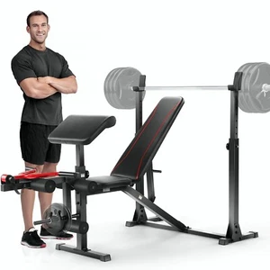 900LBS Weight Bench Set with Squat Rack Preacher Curl Weight Bench Press Workout - Picture 1 of 11