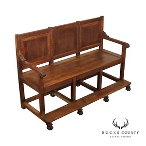 Antique Renaissance Revival Carved Oak Billards Room Bench - Picture 1 of 12
