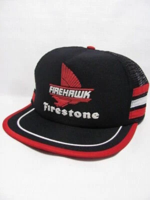 De colección FIRESTONE FIREHAWK NEUMÁTICOS 3 RAYAS Snapback Trucker Hat 80s EE. UU. Gorra de malla Foto 1 de 4