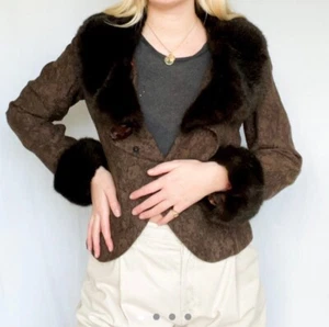 Beautiful Brown Vintage Lace Faux Fur Ladies Jacket SIZE 12 - Picture 1 of 4