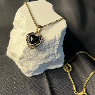 Retro Chapado en Oro Negro Corazón Ágata Pedante Collar Mujer Regalo Foto 1 de 4