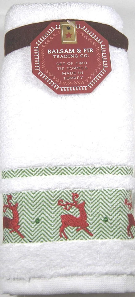 Juego de 2 toallas decorativas blancas con punta de dedo adornadas con borde de reno  Foto 1 de 1