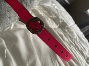 Authentic Gucci Leather Belt Girls Medium Fuchsia Pink Double G Silver GG Buckle - Picture 1 of 1