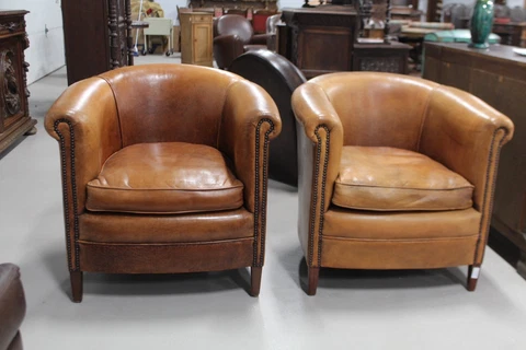 Pair of Sheep Leather Club Chairs - Rich Honey Color w/Nail Head Trim Cover