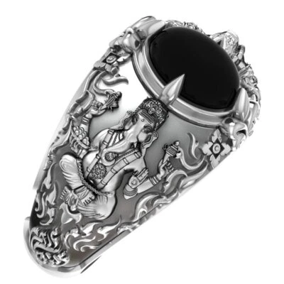 Anel amuleto prata esterlina 925 ônix hindu ganesha elefante deus joia - Imagem 1 de 4