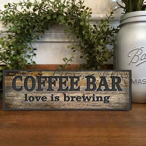 Coffee Bar Love is Brewing Sign Rustic Farmhouse Style Shelf Sitter v5 - Picture 1 of 1