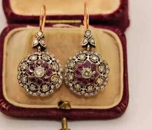 Vintage Art Deco Style Lab Created Diamond Ruby Engagement 14k Yellow FN Earring - Picture 1 of 7