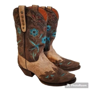 Dan Post Bluebird Turquoise Floral Brown Western Cowgirl Snip Boots 3538 Sz 7.5 - Picture 1 of 12
