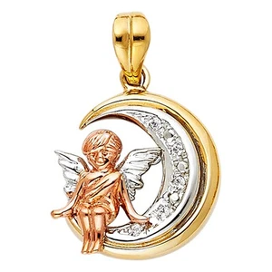 14k Tri-Color Gold Crescent Moon Guardian Angel Pendant Charm - Picture 1 of 2