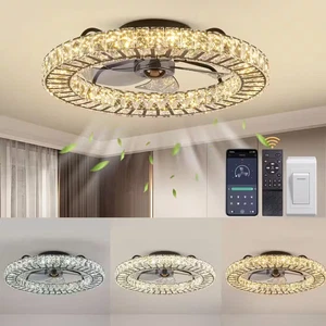 22 In. LED Indoor White Crystal Ceiling Fan with Modern Light White Flush Mount  - Picture 1 of 12