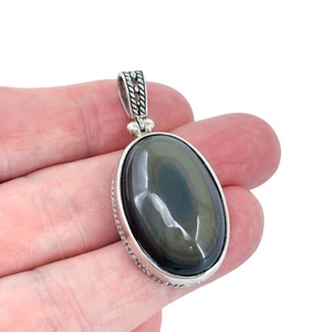 Sterling Silber ovaler Regenbogen Obsidian Anhänger | Vintage 925 Halskette - Bild 1 von 12
