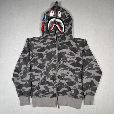 A Bathing Ape Bape Hoodie Men's Large Gray Camo Shark WGM Streetwear Damaged!! - Image 1 of 4