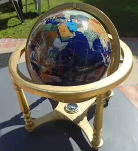 Globo mondiale 8" rotondo intarsiato pietra preziosa bussola supporto ottone - Foto 1 di 9