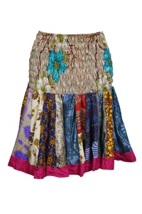 BohoGypsyHippy Mini Skater Skirt Recycled Sari Flared Ruched Waist Flirty Skirts