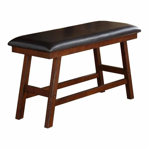 Benjara 48" Rubber Wood Small Bench with Faux Leather Upholstery in Brown Cover