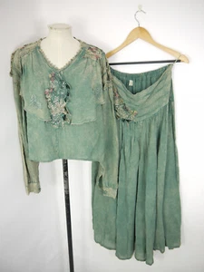 Abito Ann Balon verde 2 pezzi blusa pizzo ricamato floreale gonna taglie forti - Foto 1 di 12