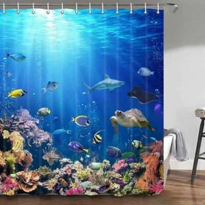 Ocean Fish Aqua 3D Fabric Shower Curtain Extra Long 84 inch 72x72" Curtains Blue - Picture 1 of 8