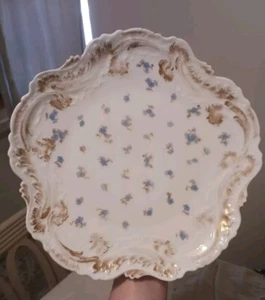 Antique Rémi Delinieres Limoges France Scalloped Gold Gilt 10" Dish Blue Flowers - Picture 1 of 11