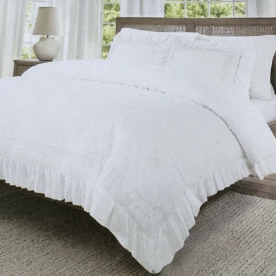 3pc Rachel Zoe White Ruffle Eyelet Lace KING Duvet Cover Sham Set Cotton Cottage - Image 1 of 4