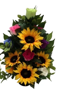 Grave Pot Arrangement Sunflower Rainbow Rose Artificial Silk Flower Memorial - Picture 1 of 6