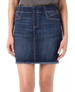 Liverpool Josette Blue Stretch Denim Jean Skirt SZ 4/27 Fringe Raw Edge Pull On - Picture 1 of 12