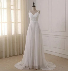 UK New white Ivory Sleeveless V Neck Chiffon A Line Beach Wedding Dress Size 12 - Picture 1 of 4