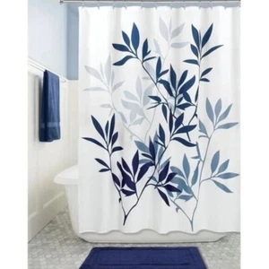 Shower Curtain 4 pc Bathroom Set Rug Cover Blue Floral Botanical Nature Leaf NEW - Picture 1 of 6